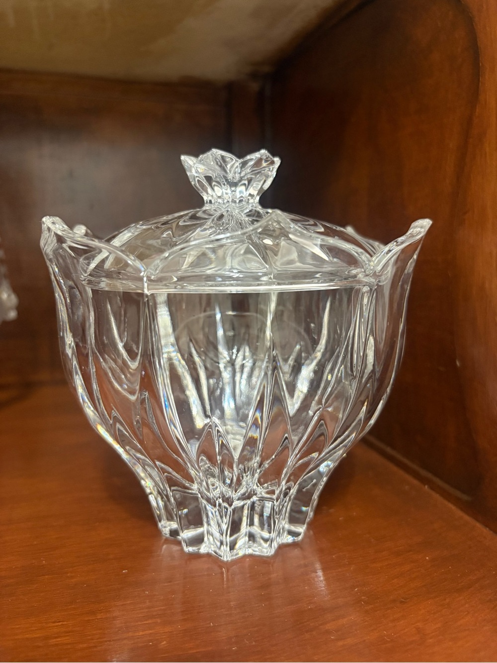 Vintage Lotus Clear Glass Covered Candy Dish